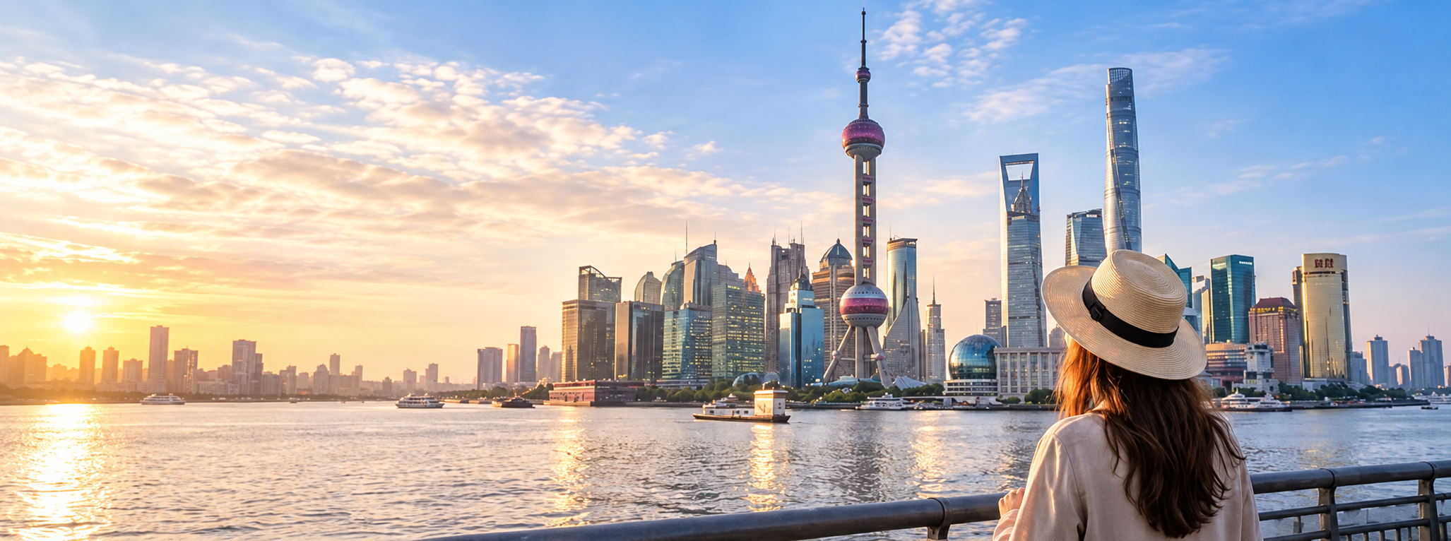 Traveler overlooking the Shanghai skyline at sunset