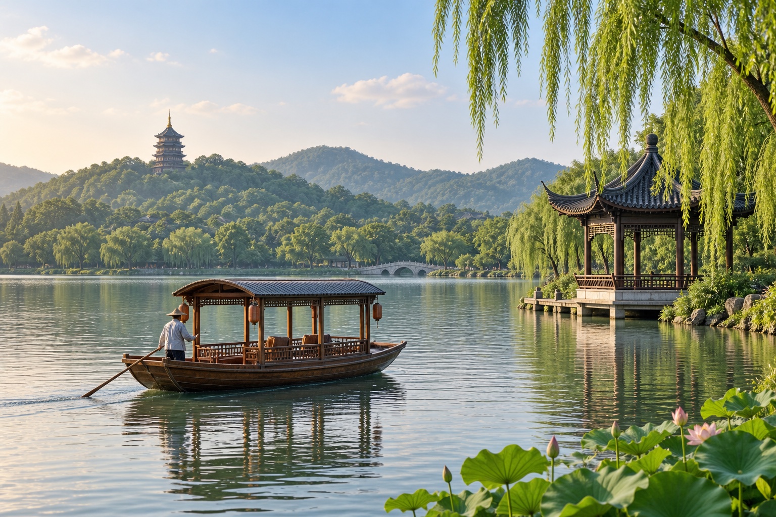 A complete wooden sightseeing boat on West Lake beside a lakeside pavilion