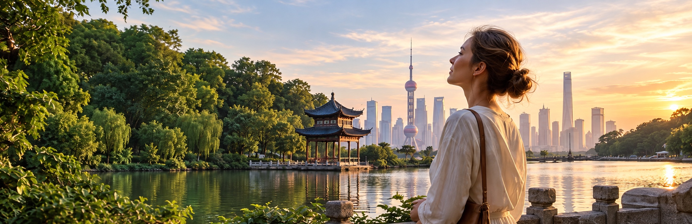 China travel concept panorama with a traveler, lakeside pavilion and city skyline at sunset
